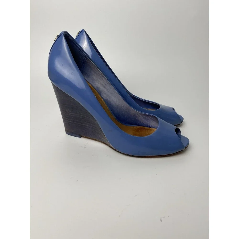 Coach Women’s Blue Patent Open Toe Wedge Heels 8 B - Picture 5 of 10